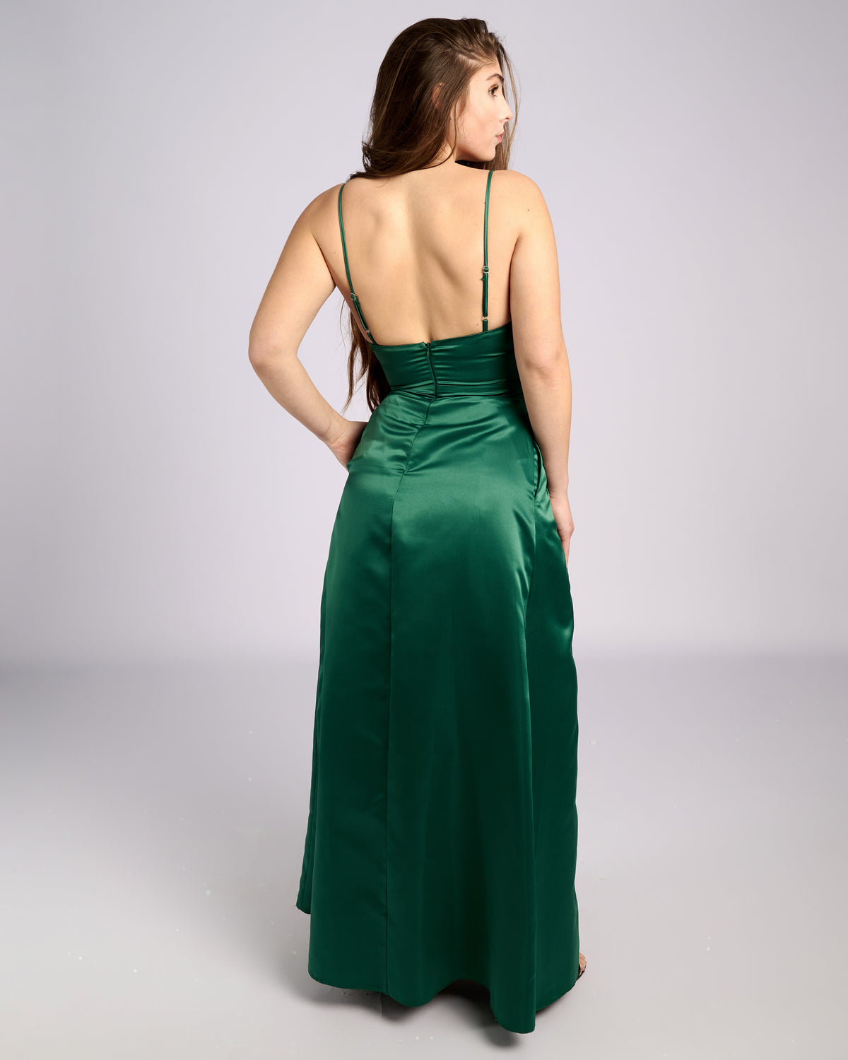 Ofelia Emerald Satin High Slit Evening Dress