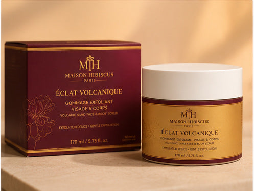 Éclat Volcanique, gommage visage et corps en packaging premium — Maison Hibiscus Paris