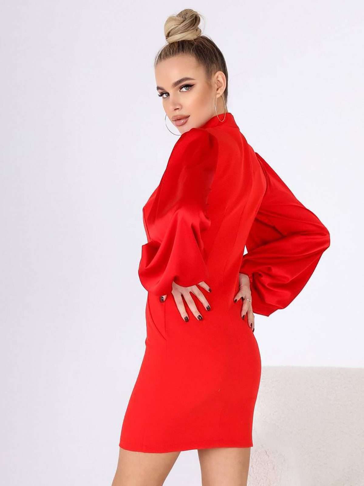 Mock Neck Satin Puff Sleeve Mini Dress – view 12