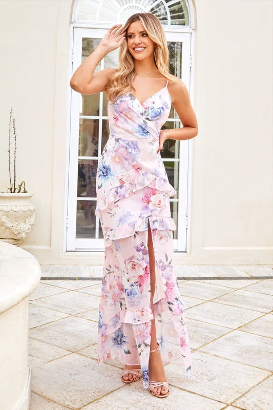 Pink Floral Chiffon Wrap Maxi Dress – view 2