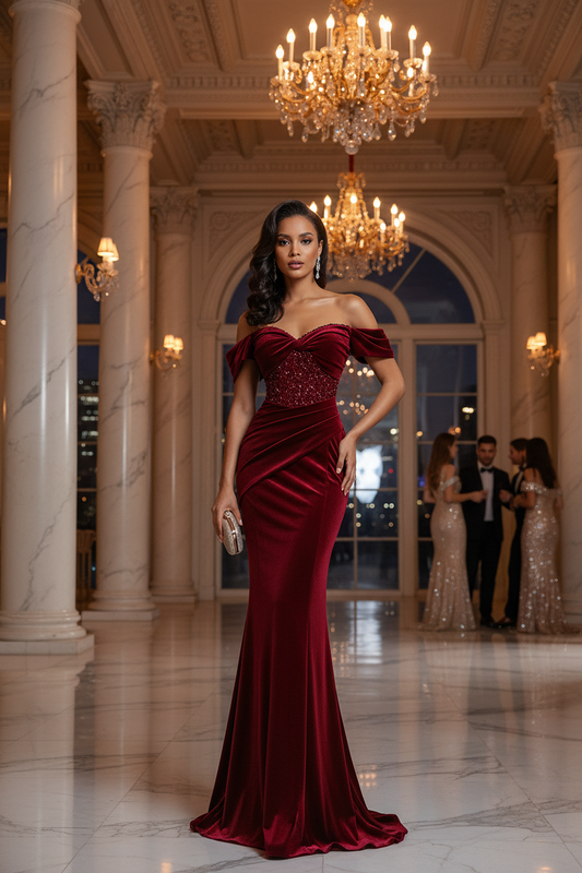 Windsor Ruby Red Velvet Evening Gown – Nuits Étoilées evening dress by Maison Hibiscus Paris