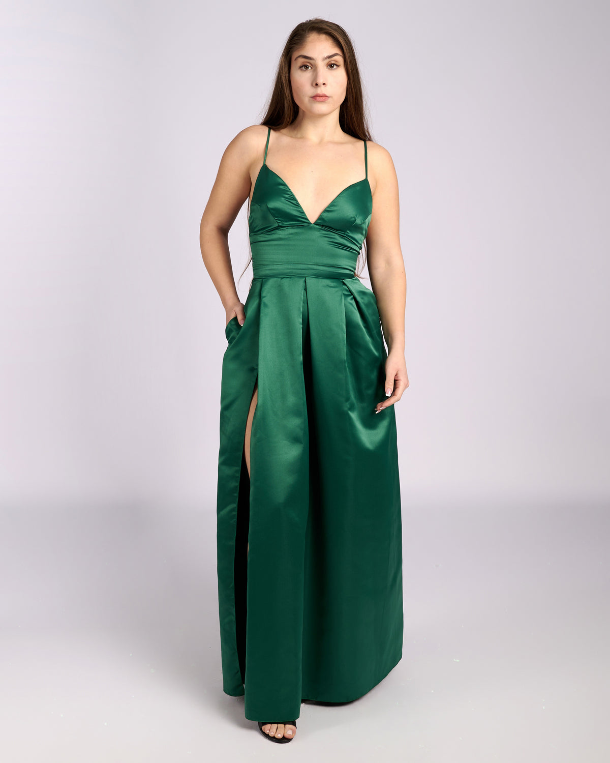 Ofelia Emerald Satin High Slit Evening Dress