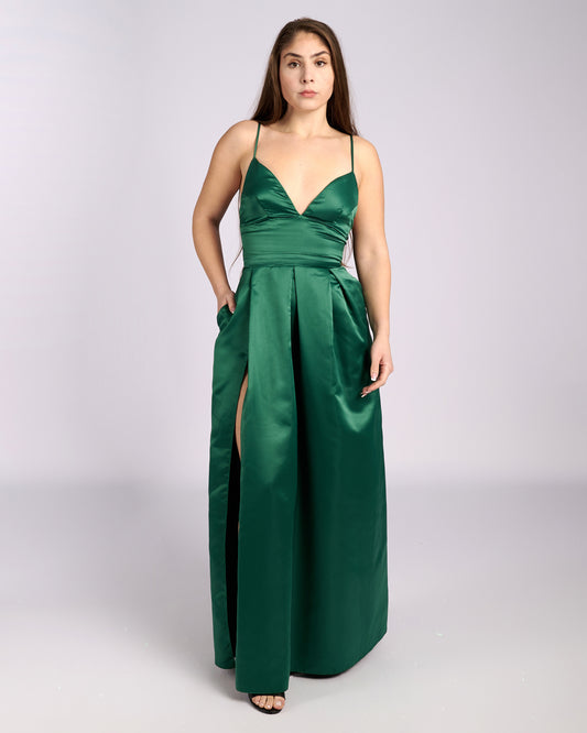 Ofelia Emerald Satin High Slit Evening Dress