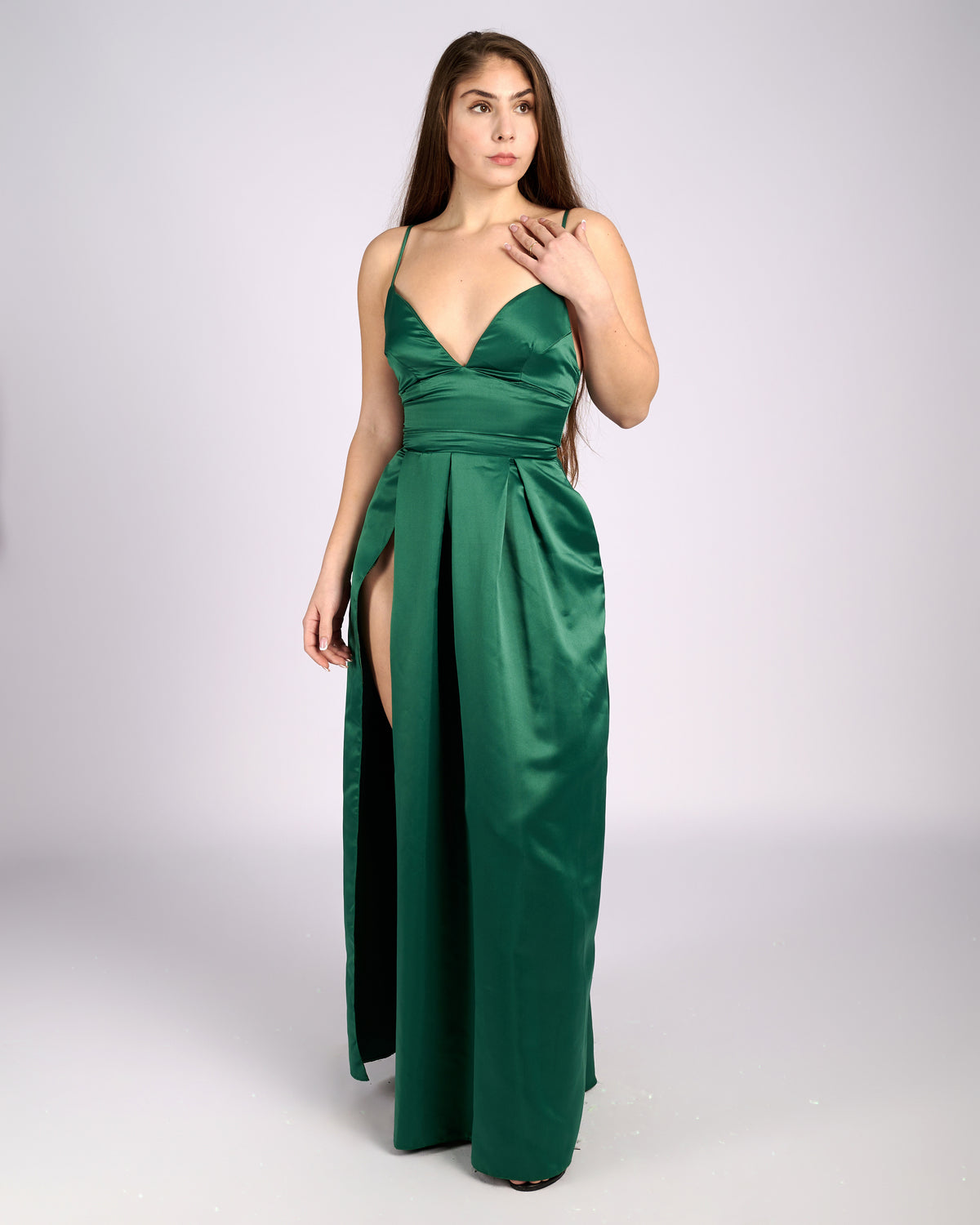 Ofelia Emerald Satin High Slit Evening Dress