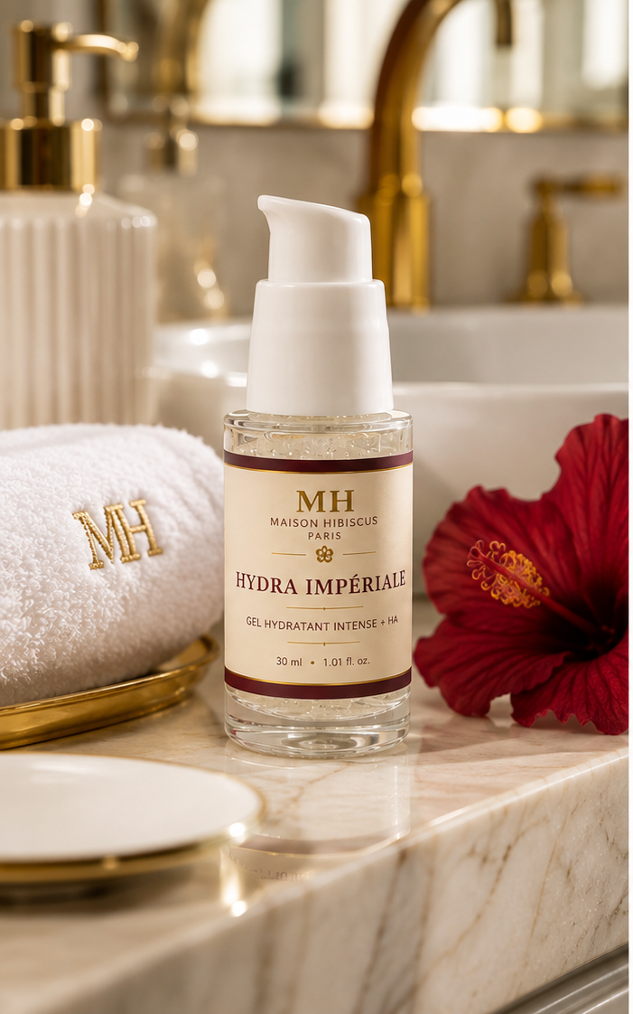 Hydra Impériale, gel hydratant visage en salle de bain premium — Maison Hibiscus Paris