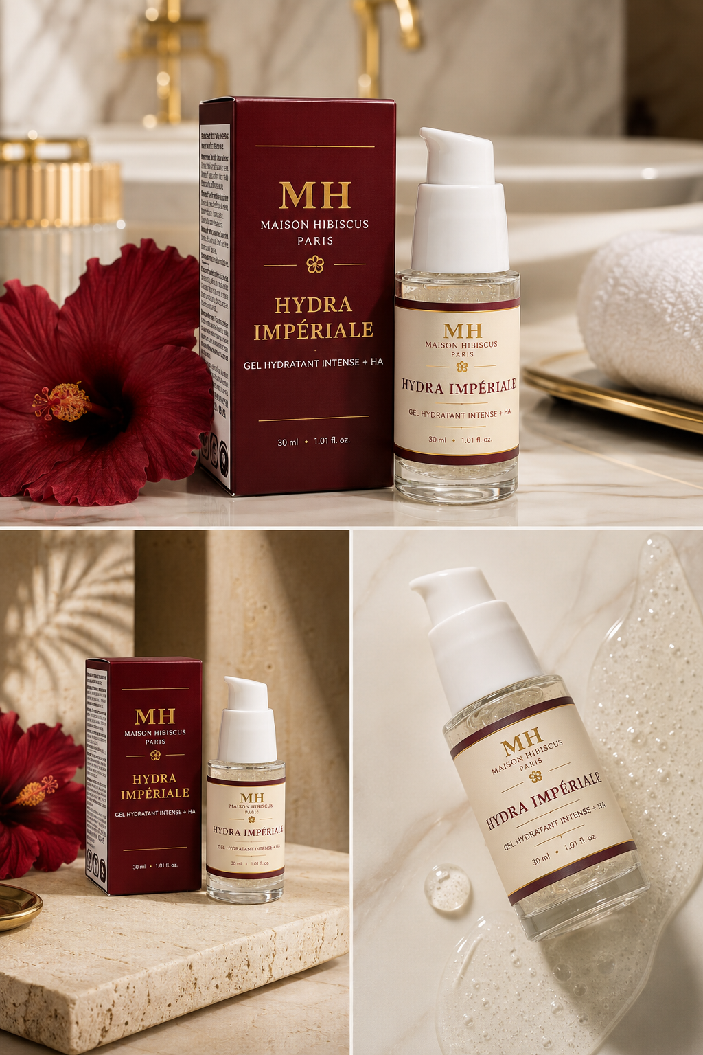 Hydra Impériale, gel hydratant à l’acide hyaluronique en décor premium — Maison Hibiscus Paris