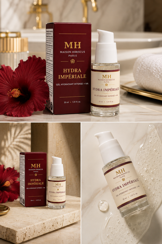 Hydra Impériale, gel hydratant à l’acide hyaluronique en décor premium — Maison Hibiscus Paris